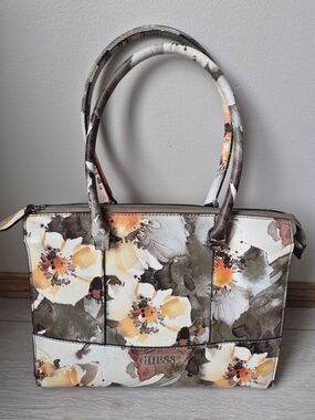 Guess Floral Satchel Handbag Watercolor Print Multi Compartment Tote